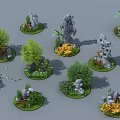 Miniature Garden Landscapes With Stones Trees Green Plants And Yellow Flowers On Circular Bases