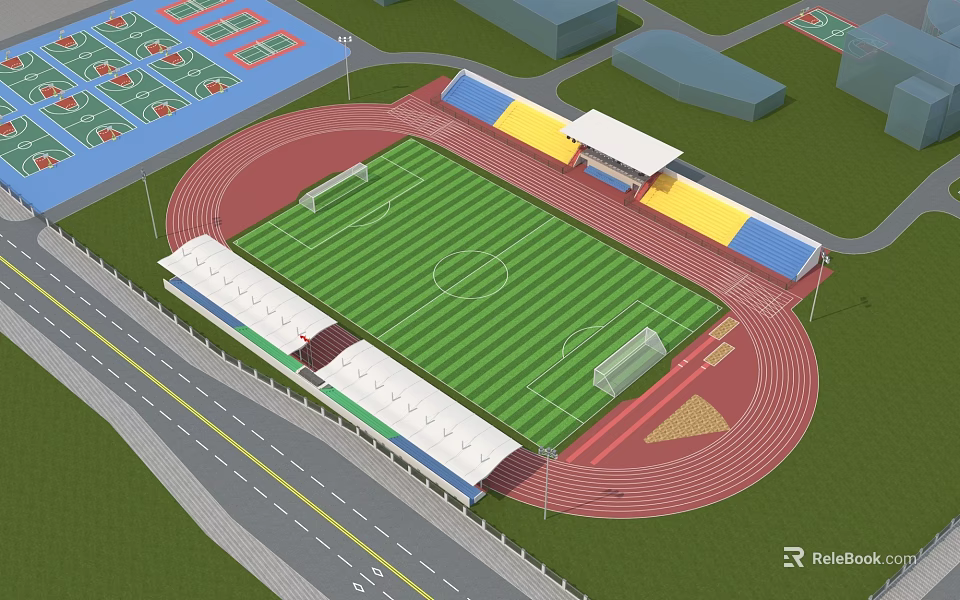 Outdoor Sports Stadium With Soccer Field Running Track Stands And Basketball Courts 3d model