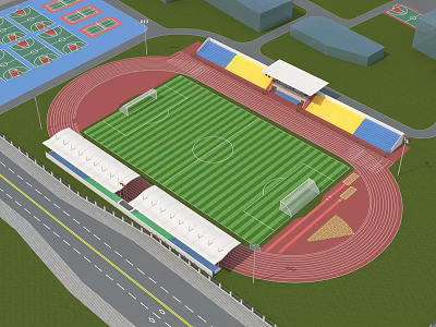 Outdoor Sports Stadium With Soccer Field Running Track Stands And Basketball Courts 3d model