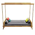 Hammock Bed With Wooden Frame Striped Mattress And Colorful Pillows Multiple Views