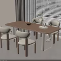 Rectangular Wooden Dining Table With Four Beige Seat Chairs Black Bowl And Green Plant