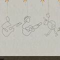 Modern Line Art Wall Decor Featuring Guitar Players with Silver Sculpture and Green Plant