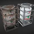Rusty and New Hydrogen Storage Tanks in Metal Frames with Labels 3d model
