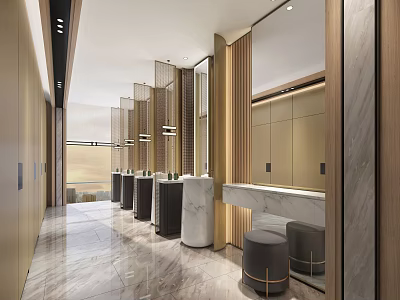 Public Restroom Modern Interior Design With Marble Washbasins Wooden Partitions And Mirror Walls 3d model