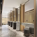Public Restroom Modern Interior Design With Marble Washbasins Wooden Partitions And Mirror Walls