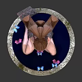 Girl with ponytail sitting on circular stone platform surrounded by blue butterflies and pink flowers