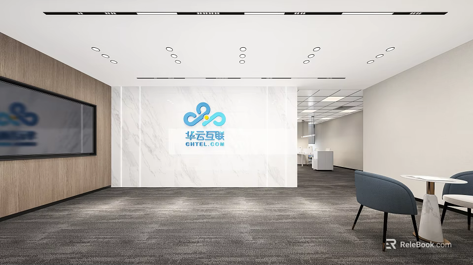 Modern Front Desk Reception with Marble Backdrop and Company Logo in Contemporary Office Space 3d model 