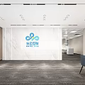 Modern Front Desk Reception with Marble Backdrop and Company Logo in Contemporary Office Space
