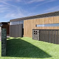 Modern Vacation Home With Wooden Exterior Black Frames Open Porch And Courtyard Under Blue Sky