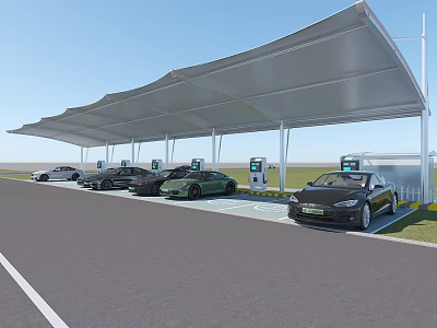 Covered Parking Lot With Electric Vehicle Charging Stations And Multiple Parked Cars 3d model