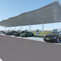 Covered Parking Lot With Electric Vehicle Charging Stations And Multiple Parked Cars