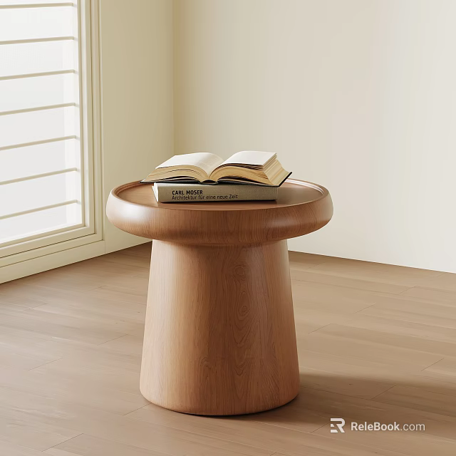 Simple Wooden Round Side Table With Open Book On Light Wall And Wooden Floor Room 3d model 