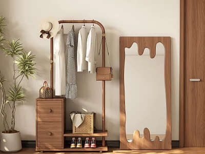 Wooden Clothes Rack Hanging Shirts Hat Handbag With Cabinet Shoes Mirror And Potted Plant 3d model