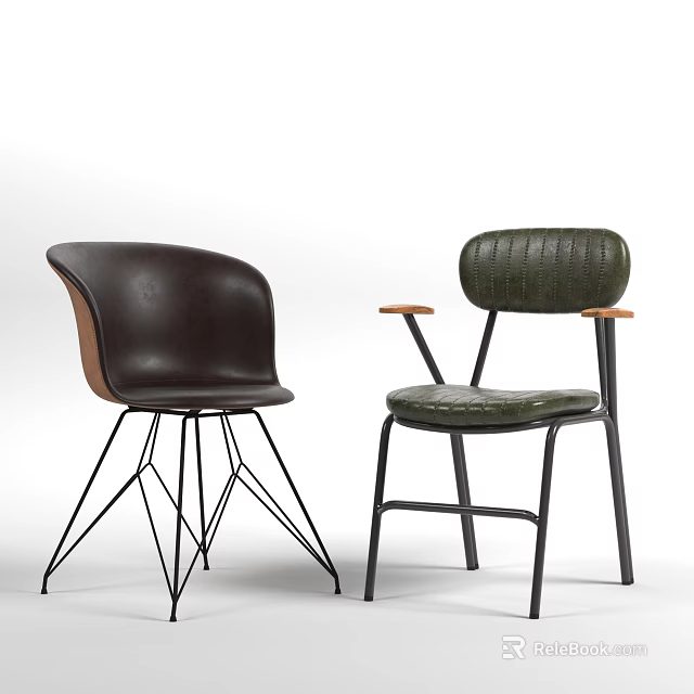 Stylish Leisure Chairs With Dark Brown Olive Green Leather Curved Back Wooden Arms And Black Metal Legs 3d model 