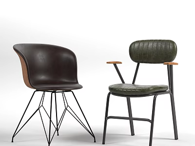 Stylish Leisure Chairs With Dark Brown Olive Green Leather Curved Back Wooden Arms And Black Metal Legs 3d model