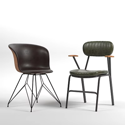 Stylish Leisure Chairs With Dark Brown Olive Green Leather Curved Back Wooden Arms And Black Metal Legs 3d model