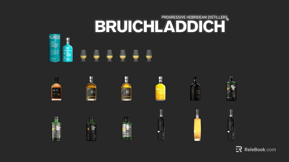 Assorted Colored Bruichladdich Whisky Bottles And Glasses Collection For Home Use 3d model 