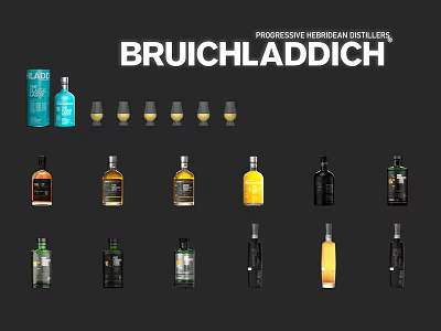 Assorted Colored Bruichladdich Whisky Bottles And Glasses Collection For Home Use 3d model