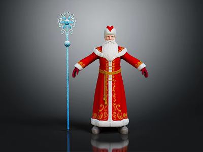 Santa Claus Wearing Red Robe with Golden Decorations Holding Blue Snowflake Staff on Gray Background 3d model