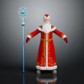 Santa Claus Wearing Red Robe with Golden Decorations Holding Blue Snowflake Staff on Gray Background