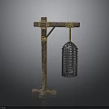 Medieval Torture Device With Wooden Frame Metal Cage And Rope Suspension