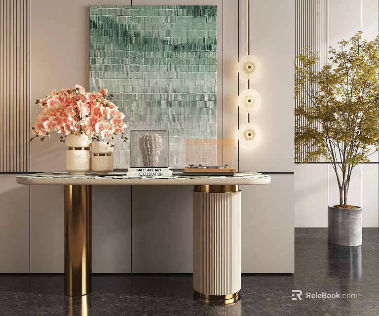 Modern Interior Decor With Marble Table Golden Pillars Pink Flowers And Round Lights 3d model 