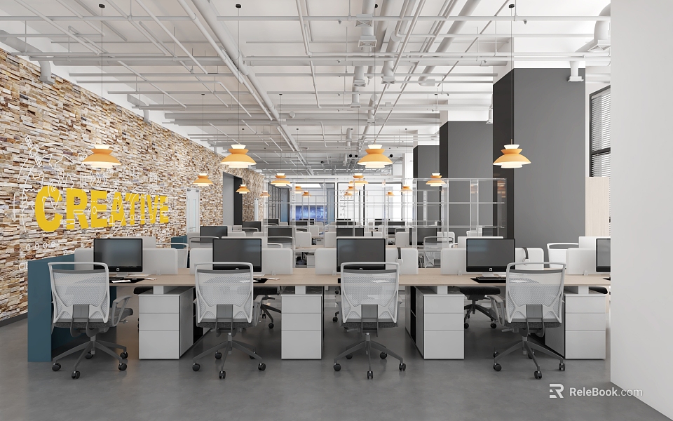 Modern Public Office Workspace With Workstations Computers Office Chairs And Brick Wall Design 3d model 
