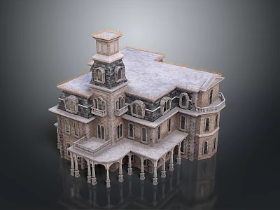 European Style Architectural Landscape With Tower Slate Roof Multiple Floors And Ornate Columns 3d model