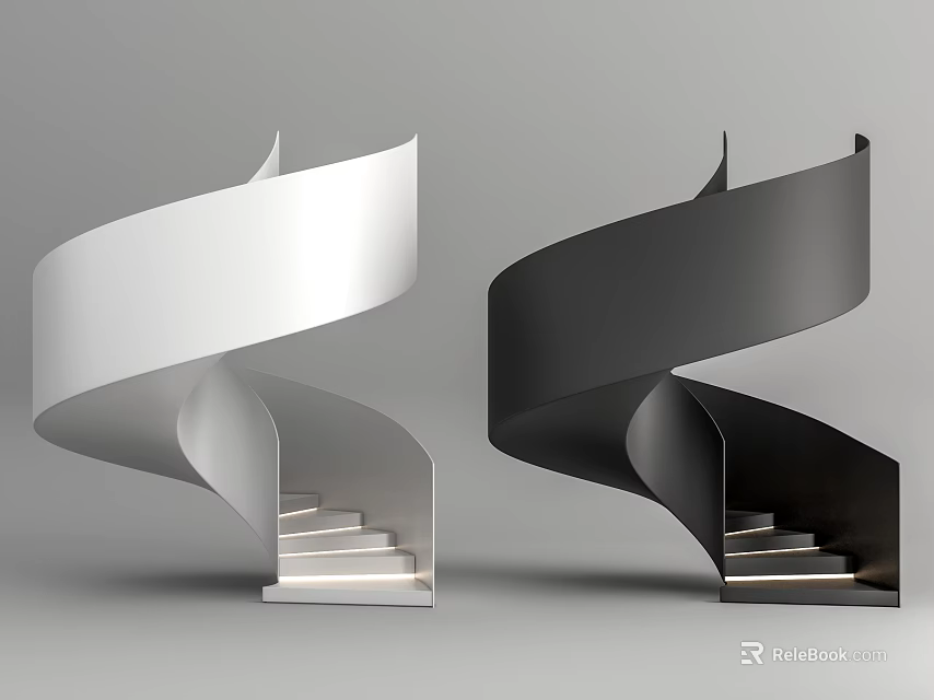 Modern Spiral Staircase Design With White And Black Sleek Metal Steps 3d model 