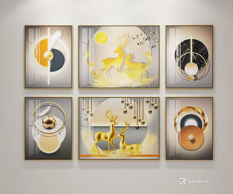 Elegant Modern Wall Art With Gold Deer Moon Feather And Geometric Patterns 3d model