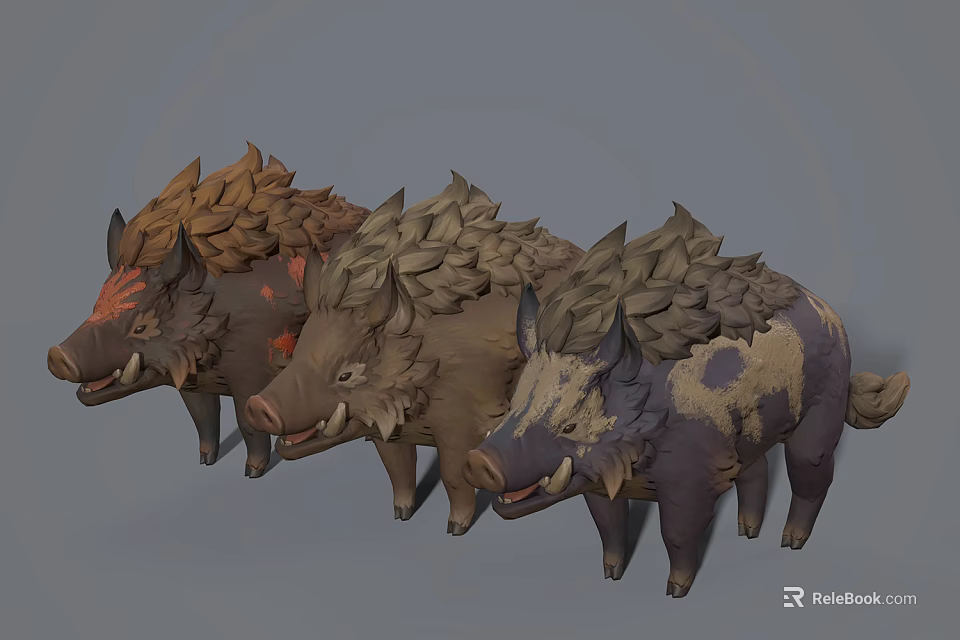 Wild Boars With Leaf Textured Fur In Various Brown And Gray Tones 3d model 
