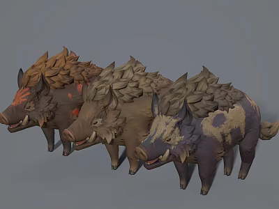 Wild Boars With Leaf Textured Fur In Various Brown And Gray Tones 3d model