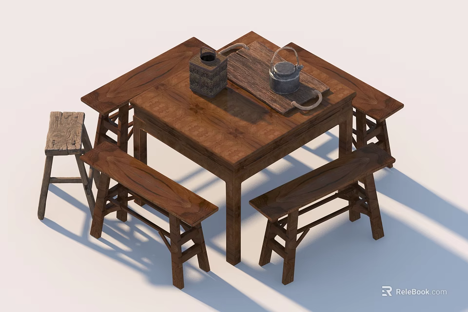 Rustic Wooden Table And Bench Set With Tea Pot Tray And Accessories 3d model