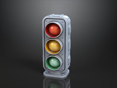 Classic Traffic Light With Red Yellow Green Lenses And Silver Casing On Black Background 3d model