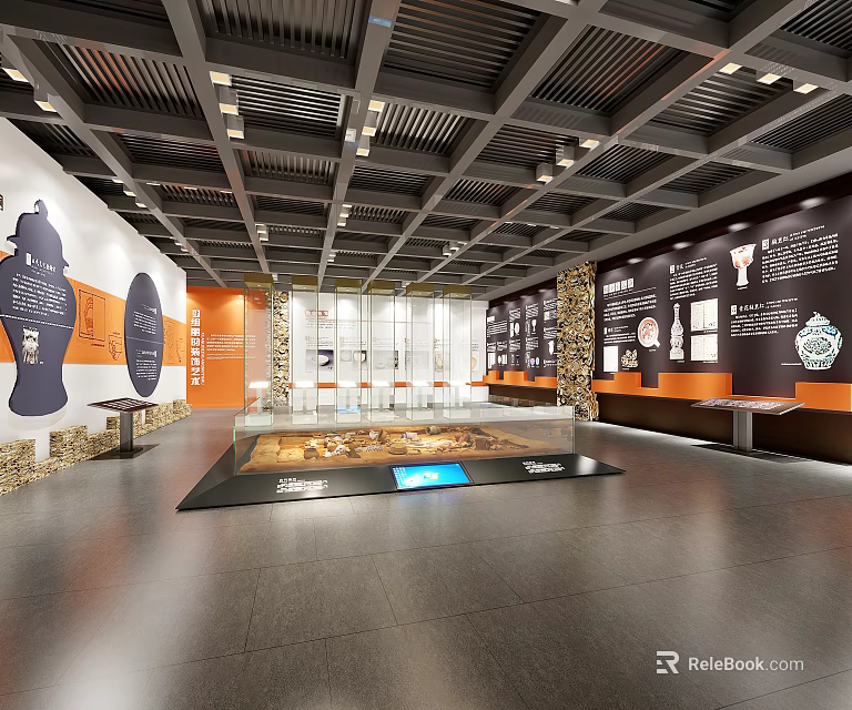 Cultural Center Interior With Exhibits Display Cases Wall Decorations And Lighting 3d model 
