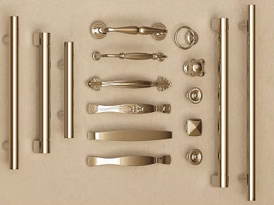 Various Stylish Metal Cabinet Handles With Different Decorative Designs And Shapes 3d model