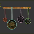 Vintage Metal Measuring Spoons Hanging On Wooden Rod For Kitchen Use