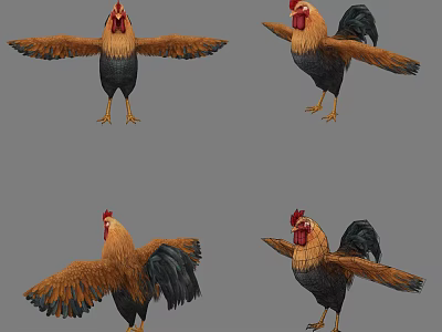 Colorful Rooster Models In Various Poses With Spread Wings And Red Comb 3d model