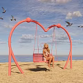 Pink Heart Shaped Playground Swing On Beach With Blue Sky And Sea