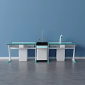 Functional Table with White and Green Design Blue Background Wall Drawers and Central Faucet Structure