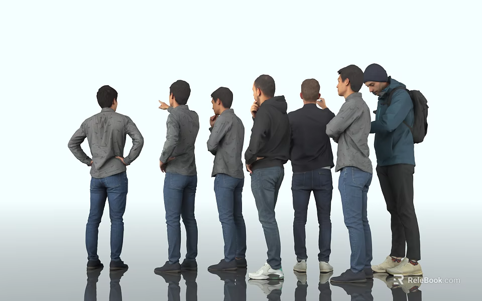Men Standing in a Row Back View with Different Casual Outfits and Backpacks 3d model