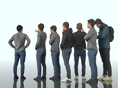 Men Standing in a Row Back View with Different Casual Outfits and Backpacks 3d model