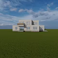 Modern White House Exterior With Green Lawn And Blue Sky Background