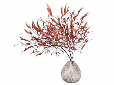 Elegant Bonsai Potted Plant With Red Slender Leaves In Gray Textured Vase 3d model