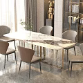 Elegant Marble Top Dining Table Set With Metal Legs Gray Upholstered Chairs And Decorative Sculpture