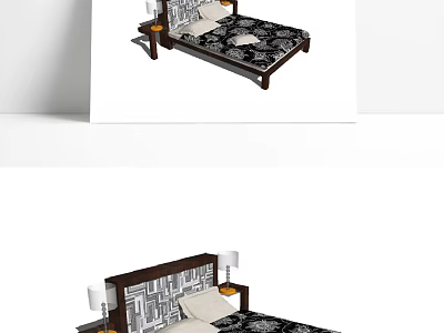 Modern Double Bed With Wooden Headboard Geometric Pattern Bedspread And Side Tables With Lamps 3d model