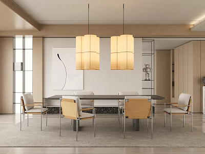 Modern Restaurant Interior with Long Dining Table Chairs and Two Pendant Lights in Minimalist Style 3d model