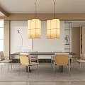 Modern Restaurant Interior with Long Dining Table Chairs and Two Pendant Lights in Minimalist Style