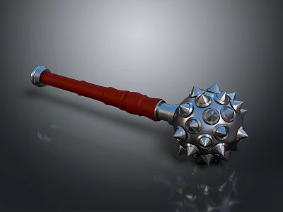 Spiked Mace Weapon With Red Handle And Metal Head Featuring Sharp Spikes And Round Protrusions 3d model