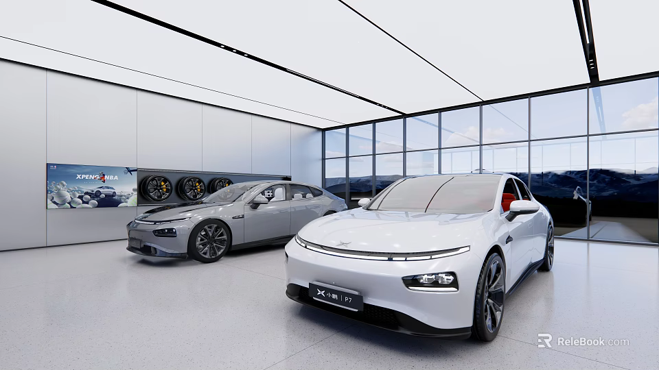 Modern Car Showroom Featuring Two Sleek Cars Spacious Interior Large Windows Displayed Wheels 3d model 